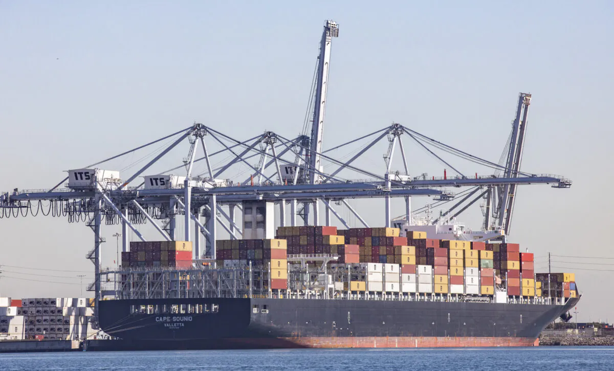 Cargo containers are stacked at the Port of Long Beach, Calif., on Oct. 27, 2021. (John Fredricks/The Epoch Times)