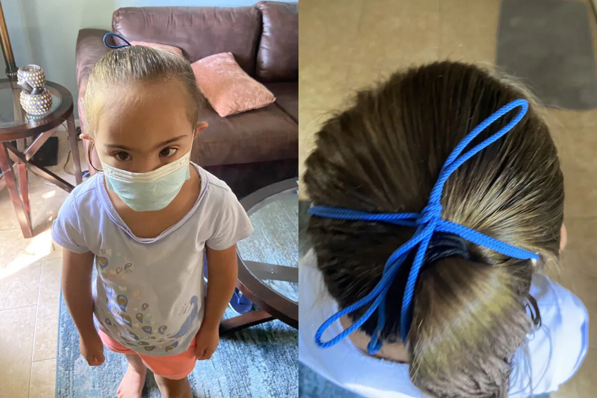 Sofia Steel is seen with a face mask tied to her head, in images taken in Indian Harbour Beach, Fla. (Courtesy of the Steel family)