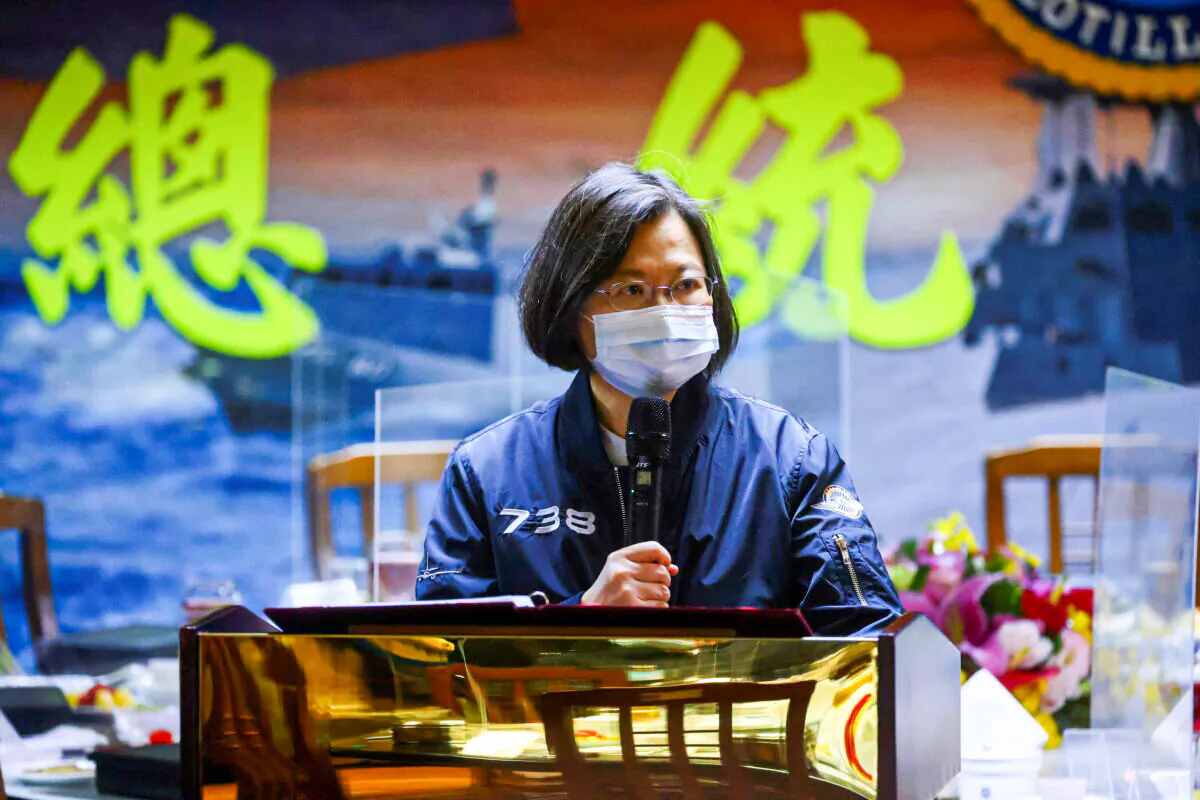 Taiwan's President Tsai Ing-wen gives a speech after visiting the Navy's 131st Fleet in Keelung, Taiwan, on March 8, 2021. (Ann Wang/Reuters)