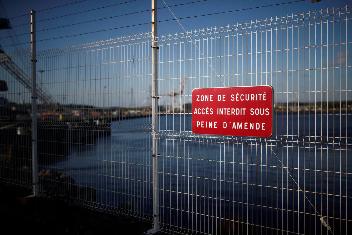 A sign reading "security area" at the entrance of the Port of Le Havre, France, on May 9, 2019. (Benoit Tessier/Reuters)