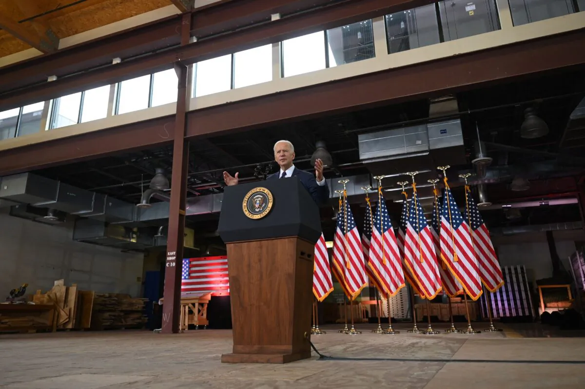 President Joe Biden speaks about his infrastructure plan in Pittsburgh, Penn., on March 31, 2021. (AFP via TCA)