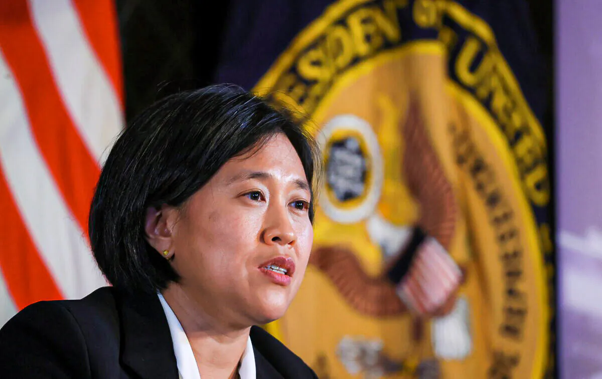 Trade Representative Katherine Tai addresses the Geneva Graduate Institute on the role of the World Trade Organization (WTO) in the global economy and U.S. policy priorities ahead of the 12th Ministerial Conference in Geneva, Switzerland on Oct. 14, 2021. (Denis Balibouse/Reuters)