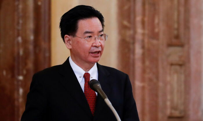 Taiwan Foreign Minister Joseph Wu speaks after receiving the Silver Commemorative Medal from the Senate of the Parliament of the Czech Republic, in Prague, Czech Republic, on Oct. 27, 2021. (David W Cerny/Reuters)