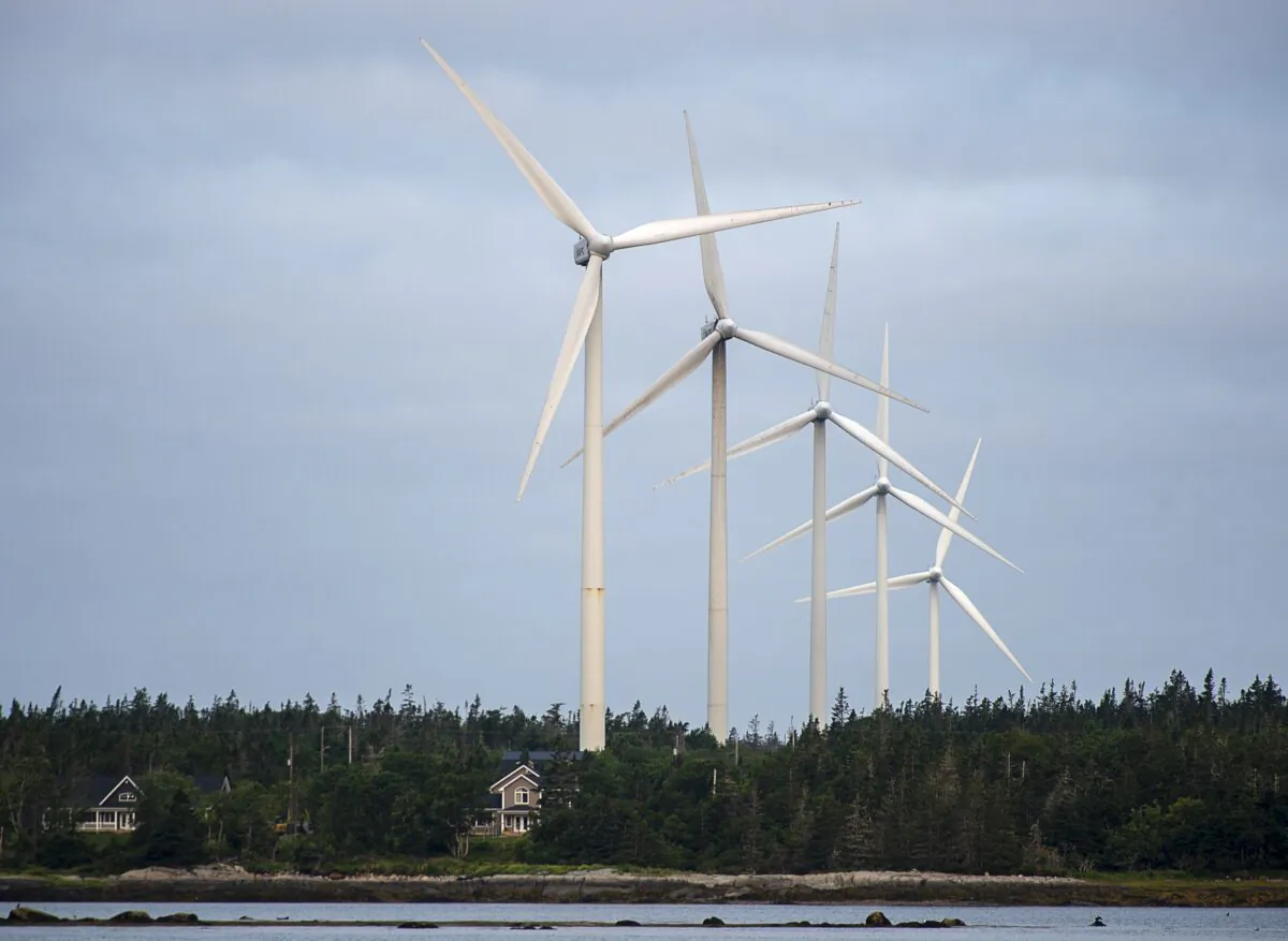 The West Pubnico Point Wind Farm is seen in Lower West Pubnico, N.S., on Aug. 9, 2021. (The Canadian Press/Andrew Vaughan) 