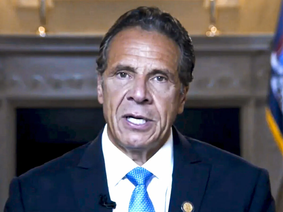 New York Governor Andrew Cuomo gives a farewell speech via online video in New York on Aug. 23, 2021. (New York Governor’s Office via AP)