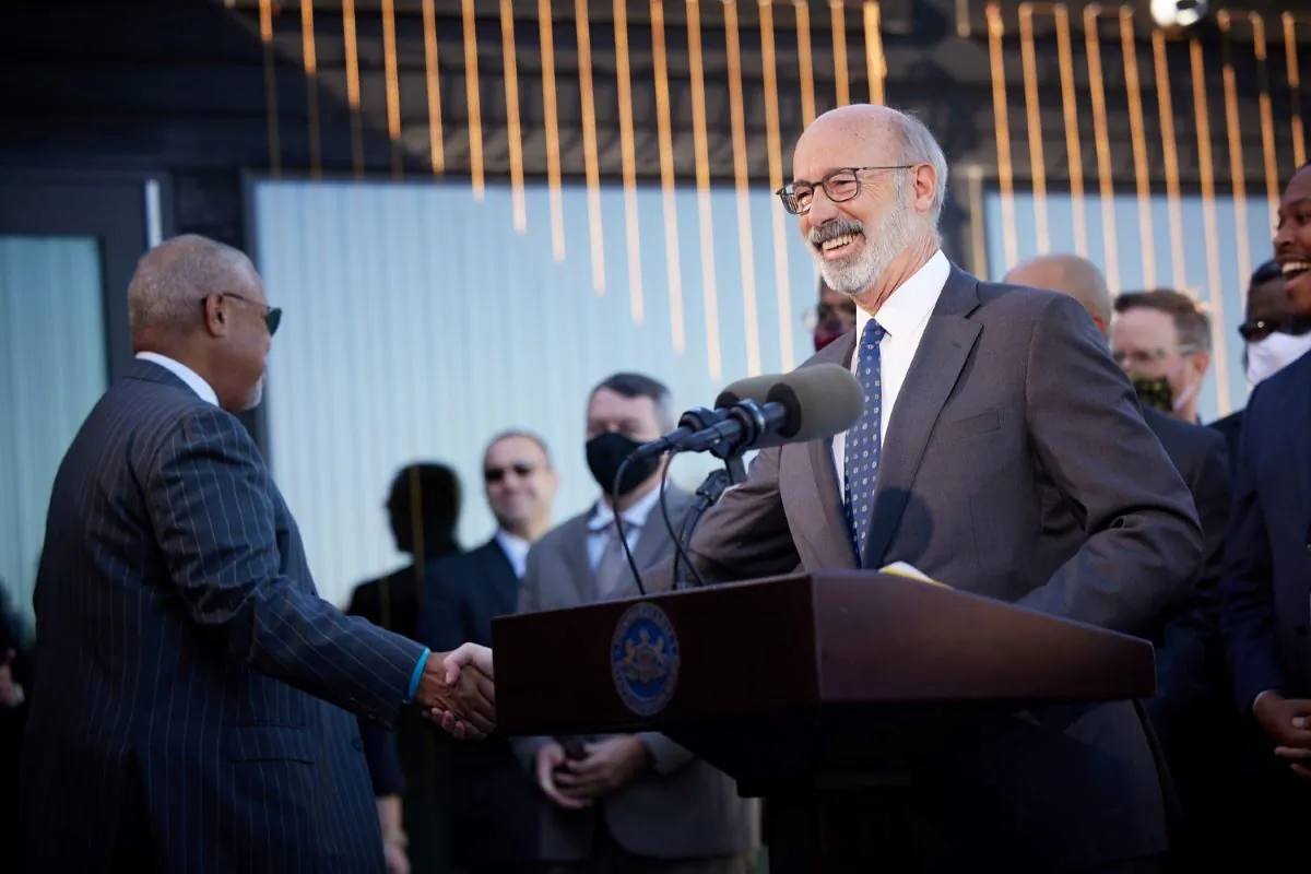 Pennsylvania Governor Tom Wolf speaking with the press as he joined members of the Pennsylvania Legislative Black Caucus at the Discovery Center in Philadelphia  to announce executive and legislative actions promoting environmental justice Oct. 28, 2021. (Commonwealth Media Service) 