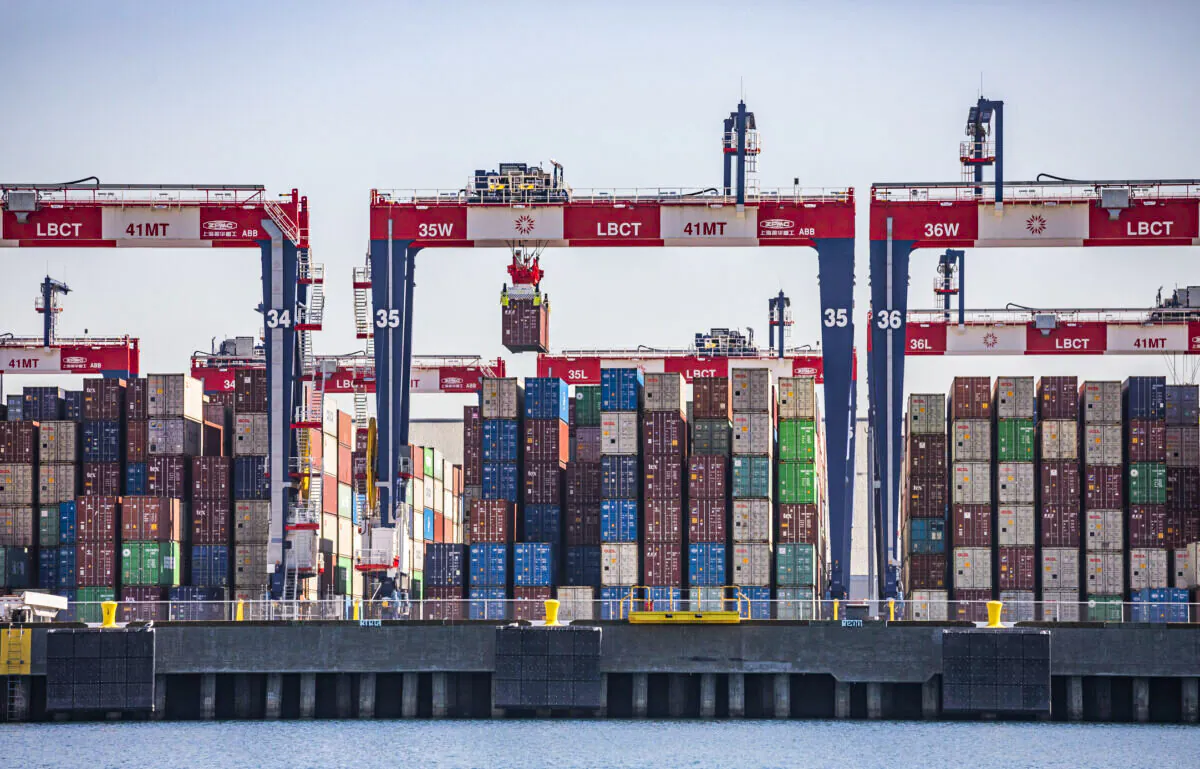 Cargo containers are stacked at the Port of Long Beach, Calif., on Oct. 27, 2021. (John Fredricks/The Epoch Times)