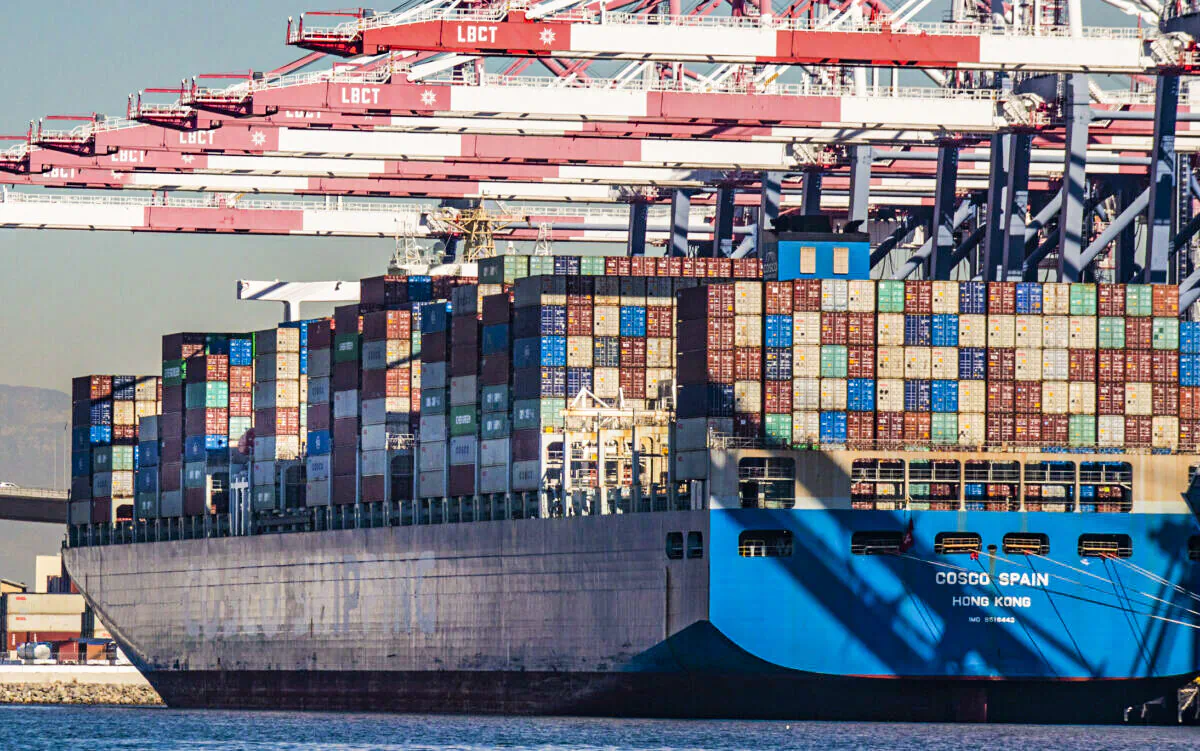 Cargo containers are stacked at the Port of Long Beach, Calif., on Oct. 27, 2021. (John Fredricks/The Epoch Times)