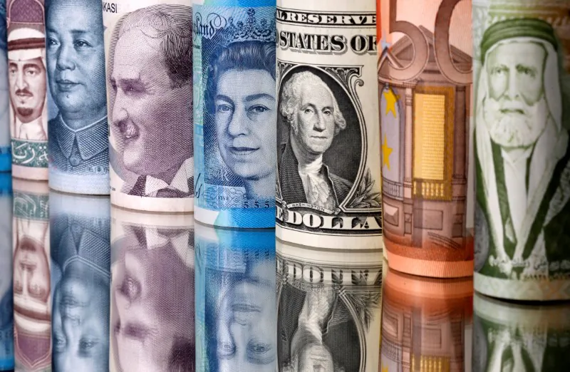 Saudi riyal, yuan, Turkish lira, pound, U.S. dollar, euro, and Jordanian dinar banknotes are seen in this illustration taken on Jan. 6, 2020. (Dado Ruvic/Reuters)