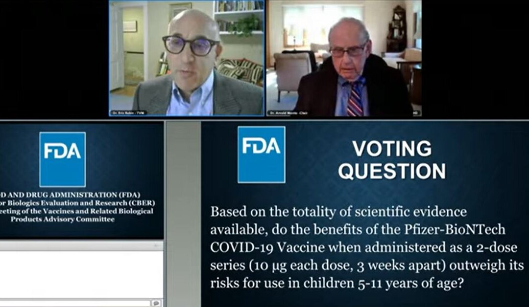 In this image from video, Dr. Eric Rubin, left, explains why he will vote to advise the FDA to authorize Pfizer's COVID-19 vaccine for young children during an FDA advisory panel meeting on Oct. 26, 2021. (The Epoch Times via FDA)