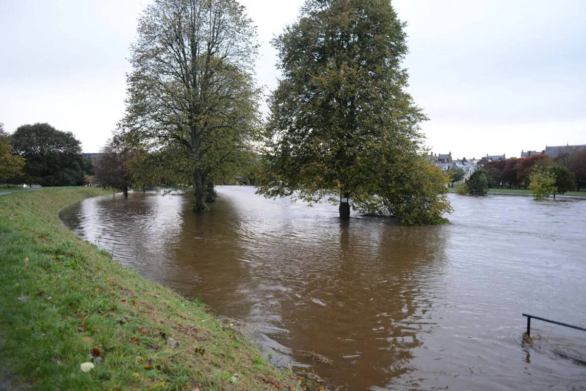 Flooding in Peebles in the Scottish Borders where the River Tweed has burst its banks on Oct. 28, 2021. (Mark Davey/PA)