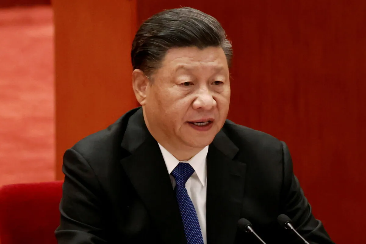 Chinese leader Xi Jinping speaks at a meeting commemorating the 110th anniversary of Xinhai Revolution at the Great Hall of the People in Beijing on Oct. 9, 2021. (Carlos Garcia Rawlins/Reuters)