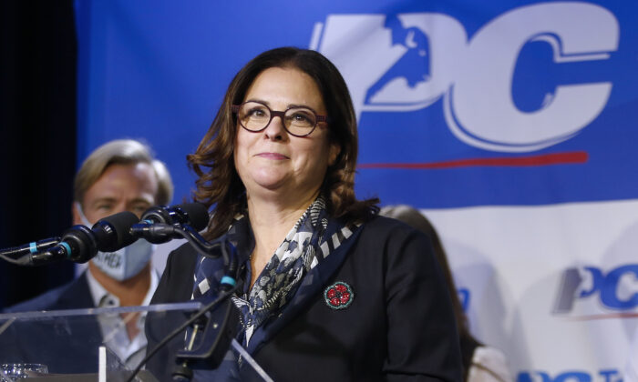 Manitoba's recently  elected Progressive Conservative Leader and the province's caller   premier, Heather Stefanson, speaks astatine  her triumph  enactment      successful  Winnipeg connected  Oct. 30, 2021.  (The Canadian Press/John Woods)