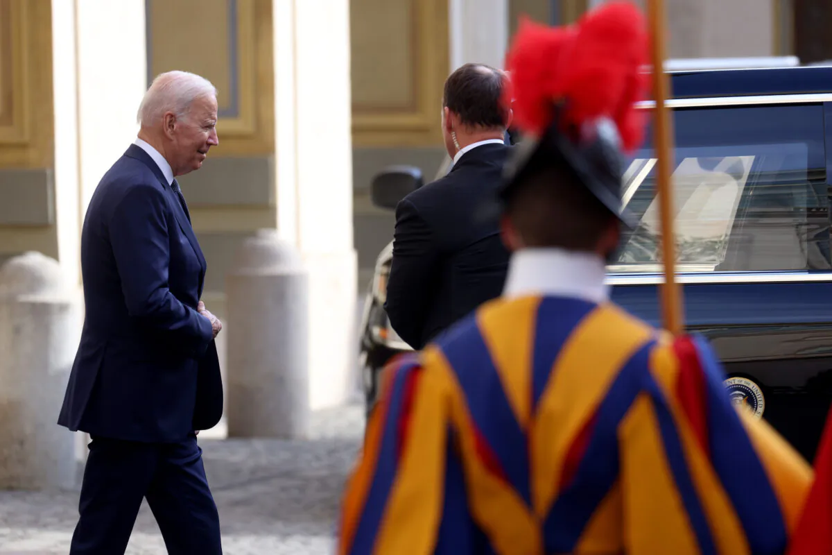 U.S. President Joe Biden leaves the San Damaso Courtyard after a meeting with Pope Francis at the Apostolic Palace in Vatican City, Vatican, on Oct. 29, 2021. (Franco Origlia/Getty Images)