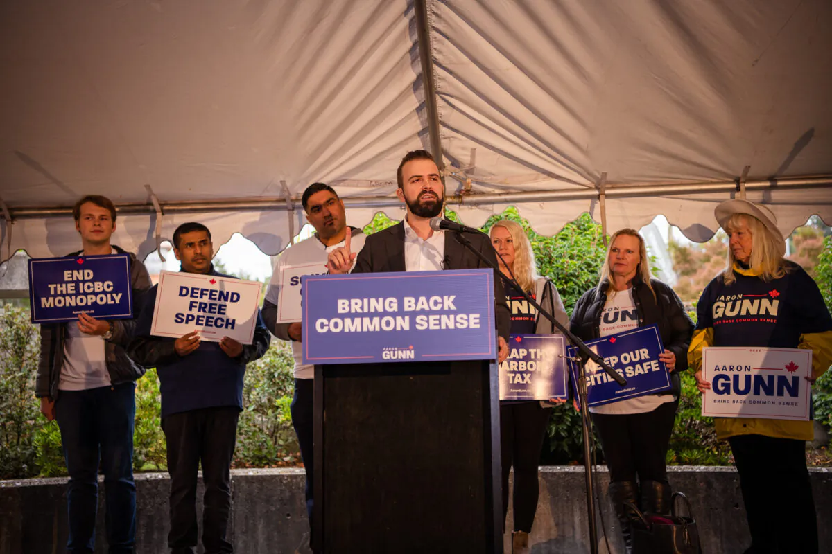Conservative commentator Aaron Gunn announces his leadership bid for the BC Liberal Party in Victoria on Oct. 9, 2021. (Courtesy Aaron Gunn)