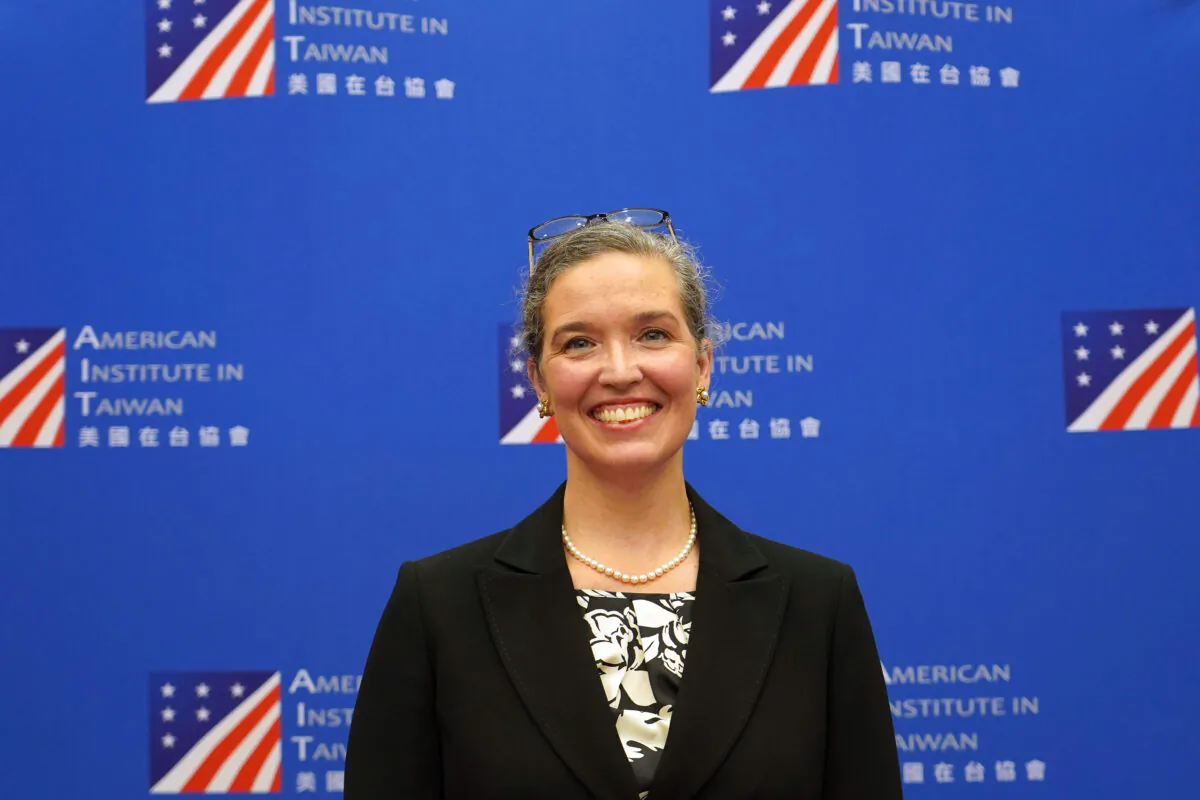 Sandra Oudkirk, the new director of the American Institute in Taiwan, speaks during her first public news conference held in Taipei, Taiwan, on Oct. 29, 2021. (American Institute in Taiwan via AP)