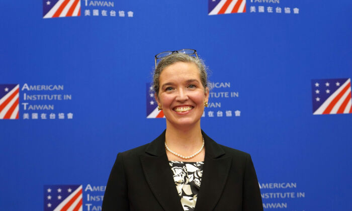 Sandra Oudkirk, the new director of the American Institute in Taiwan, speaks during her first public news conference held in Taipei, Taiwan, on Oct. 29, 2021. (American Institute in Taiwan via AP)