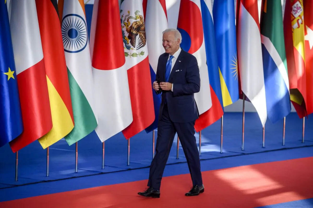 President Joe Biden arrives for the welcome ceremony on the first day of the Rome G-20 summit on Oct. 30, 2021.  (Antonio Masiello/Getty Images)