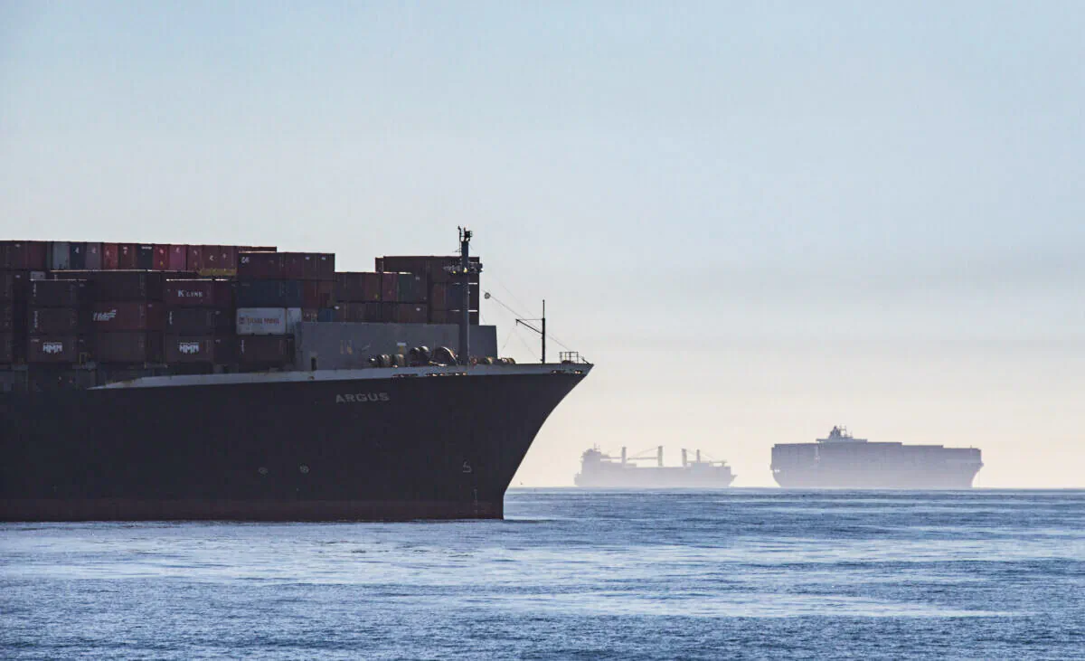 Cargo awaits unloading from ships off the Port of Long Beach, Calif., on Oct. 27, 2021. (John Fredricks/The Epoch Times)