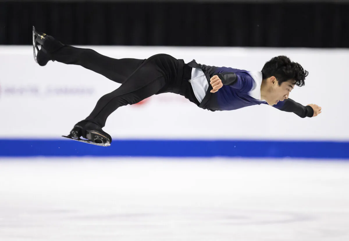 Nathan Chen of the United States performs his men's free program during the Skate Canada figure skating event in Vancouver, British Columbia, on Oct. 30, 2021. (Darryl Dyck/The Canadian Press via AP)