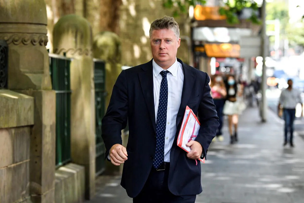 Lawyer Paul McGirr arrives at Central Local Court in Sydney, on Oct. 28, 2021. (Joel Carrett/AAP Image)