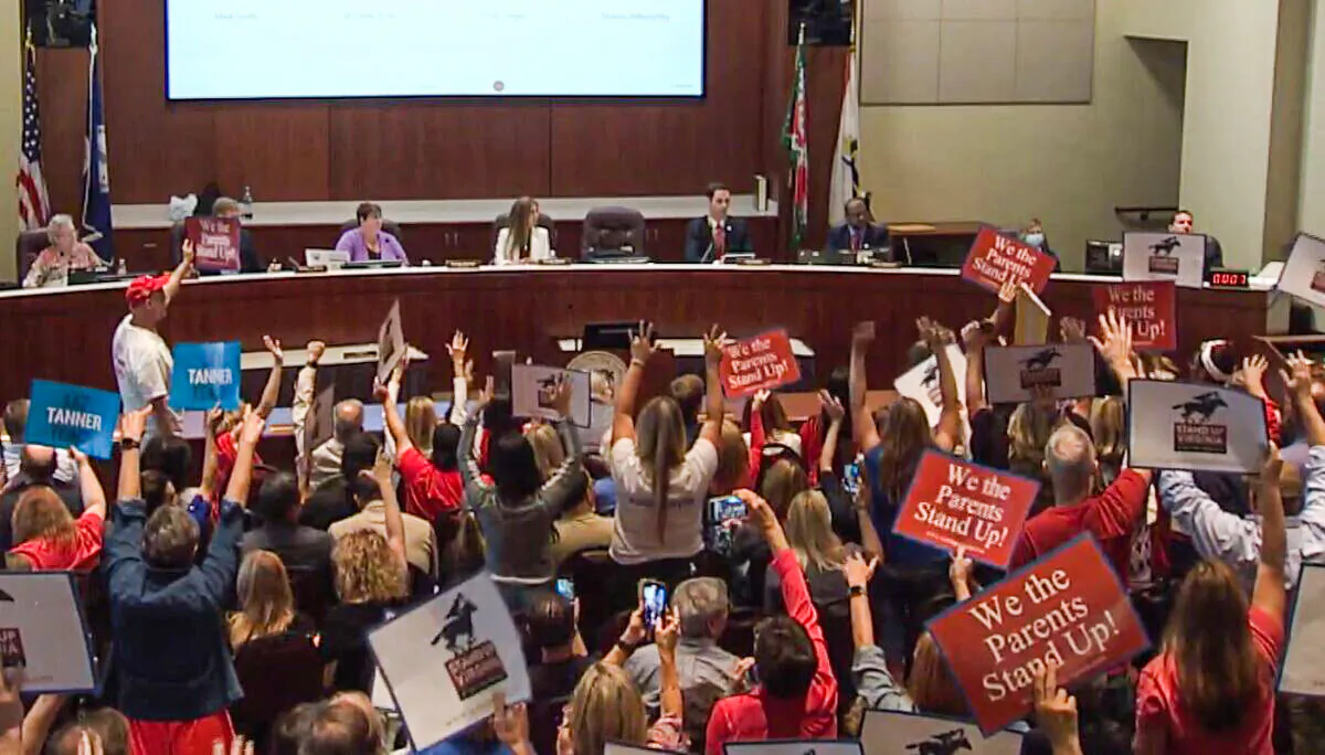 A school board meeting in an image from video in Loudoun County, Va., on June 22, 2021. (The Epoch Times via LCPS)