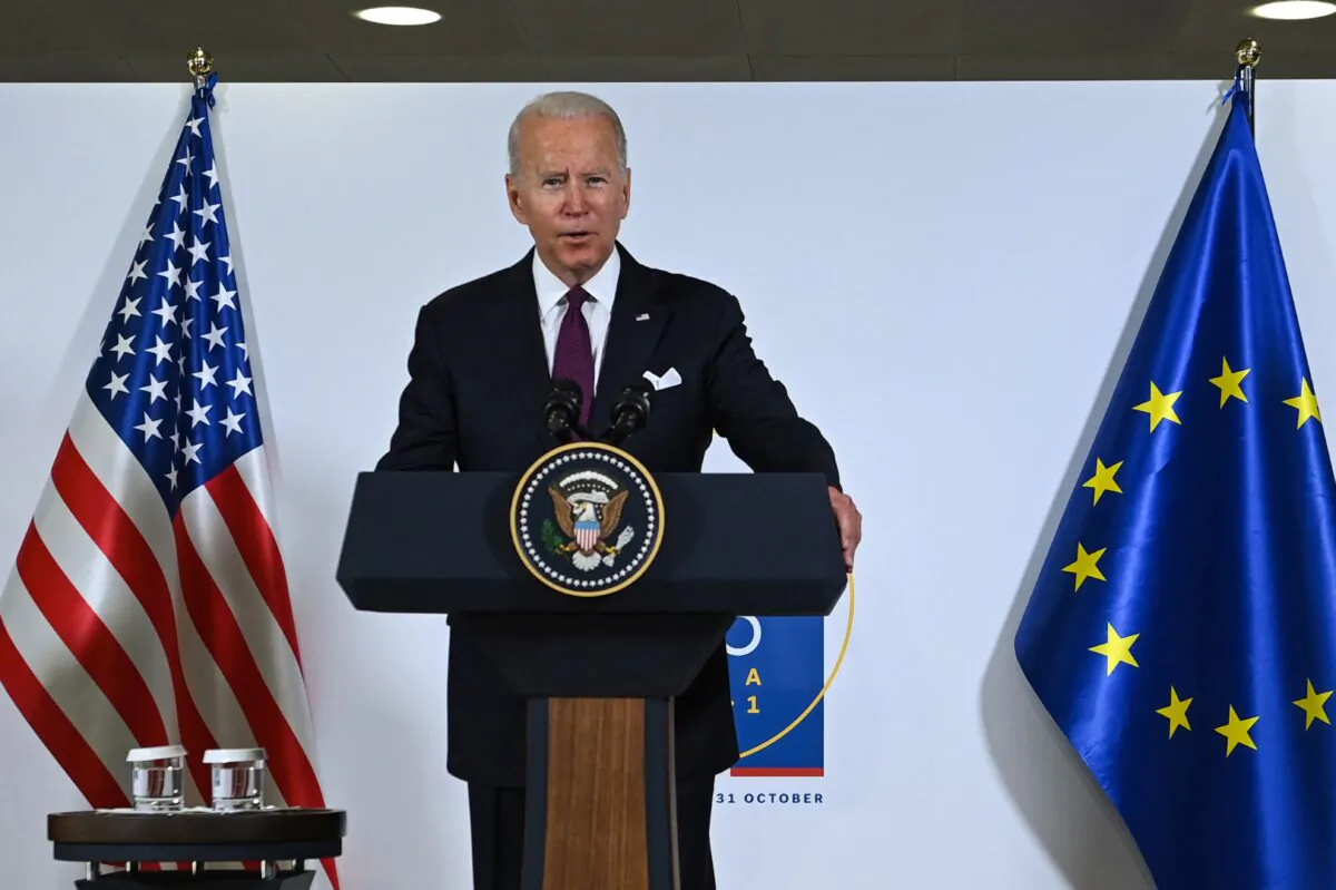President Joe Biden addresses the media during the G-20 of World Leaders Summit at the convention center "La Nuvola" in the EUR district of Rome, Italy, on Oct. 31, 2021. (Brendan Smialowski/AFP via Getty Images)