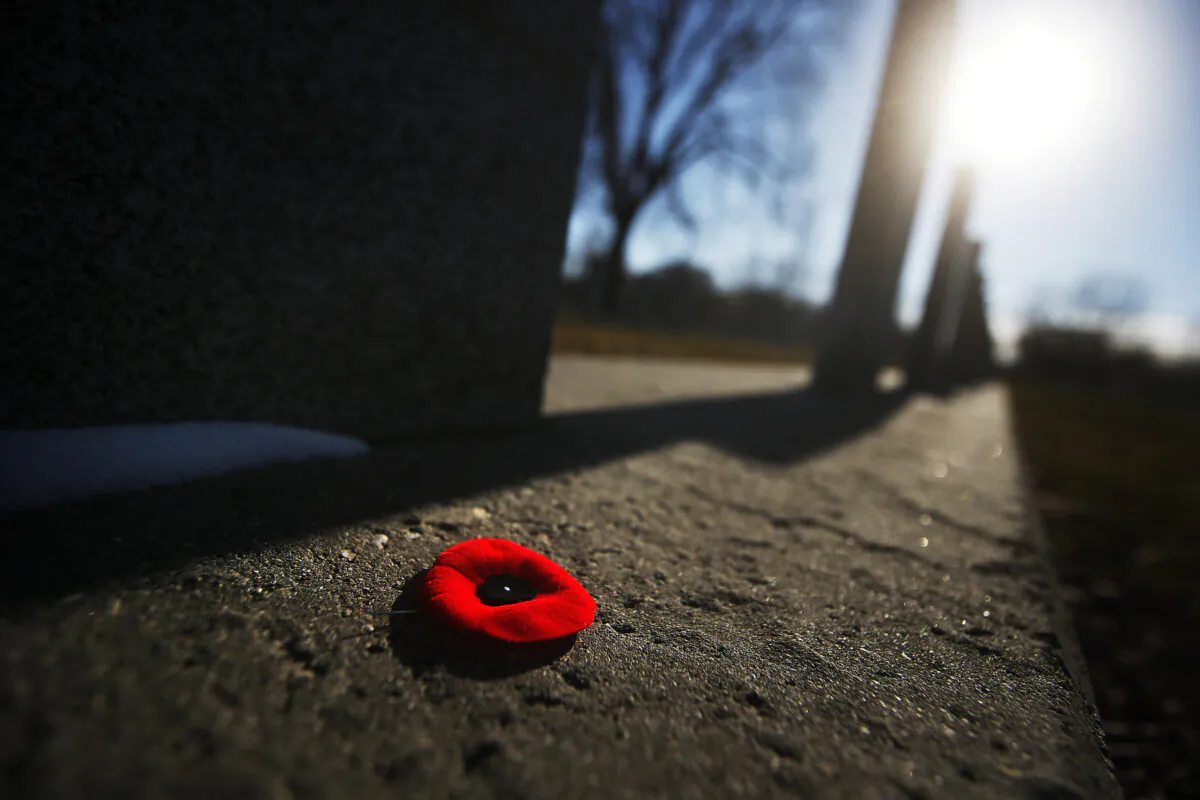 A poppy is seen beside headstones in Brookside Cemetery in Winnipeg, on Remembrance Day, Nov. 11, 2020. (The Canadian Press/John Woods)