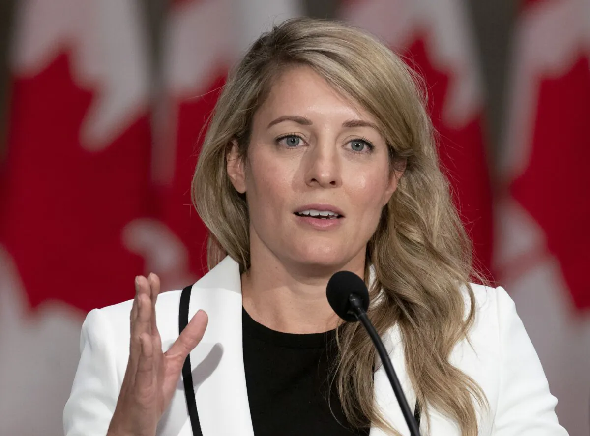 Foreign Affairs Minister Mélanie Joly speaks at a news conference following a cabinet swearing-in ceremony at Rideau Hall in Ottawa on Oct. 26, 2021. (The Canadian Press/Adrian Wyld)