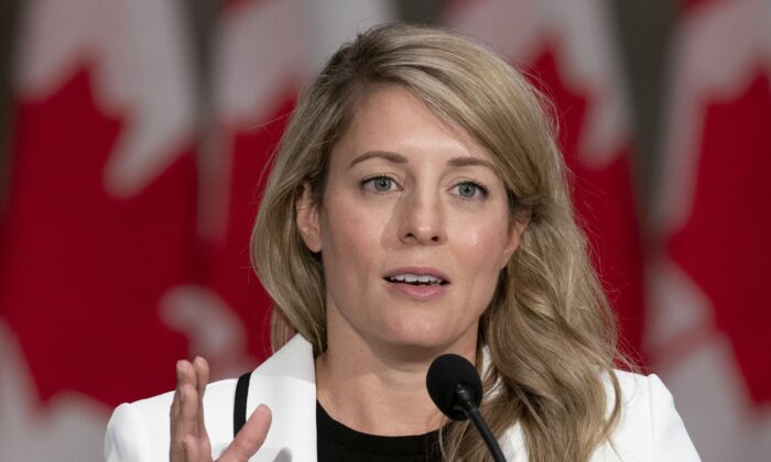 Foreign Affairs Minister Mélanie Joly speaks at a news conference following a cabinet swearing-in ceremony at Rideau Hall in Ottawa on Oct. 26, 2021. (The Canadian Press/Adrian Wyld)