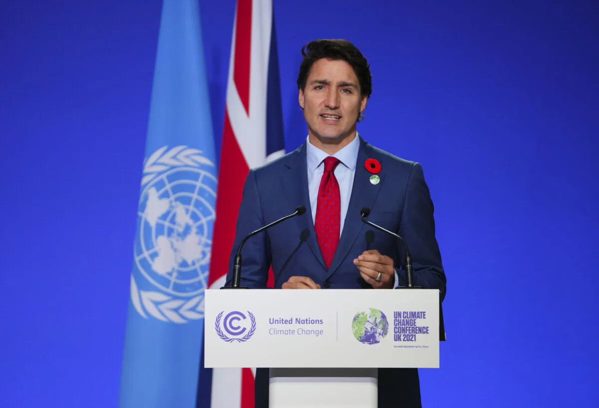 Prime Minister Justin Trudeau delivers a short speech at at the 26th meeting of the Council of Parties to the UN climate convention, known as COP26, in Glasgow, Scotland, on Nov. 1, 2021. (The Canadian Press/Sean Kilpatrick)
