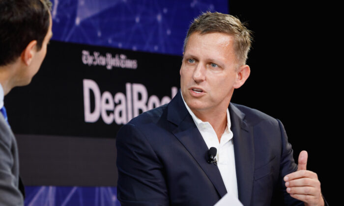 Peter Thiel speaking onstage during an event in New York on Nov. 1, 2018. (Michael Cohen/Getty Images for The New York Times)