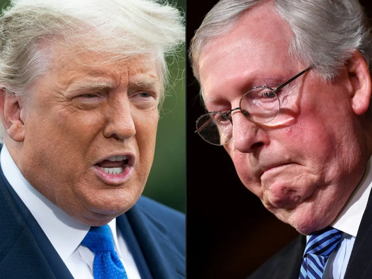 This combination of pictures created on Feb. 16, 2021, shows then U.S. President Donald Trump in Washington on Oct. 27, 2020, and U.S. Senate Majority Leader Mitch McConnell (R-Ky.) on Capitol Hill on Feb. 5, 2020. (Saul Loeb, Mandel Ngan/AFP via Getty Images)