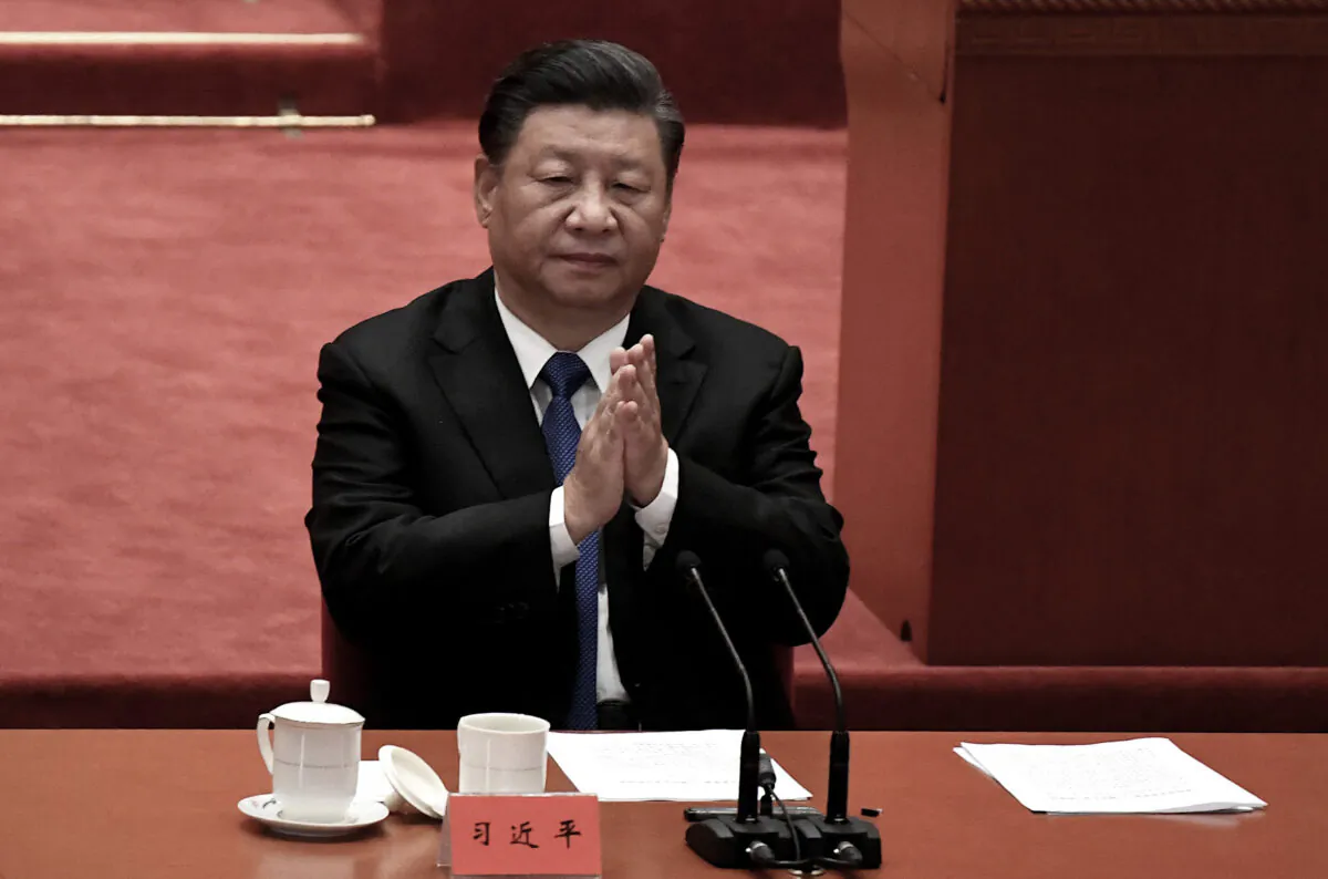 Chinese leader Xi Jinping attends the commemoration of the 110th anniversary of the Xinhai Revolution at the Great Hall of the People in Beijing on Oct. 9, 2021. (Noel Celis/AFP via Getty Images)