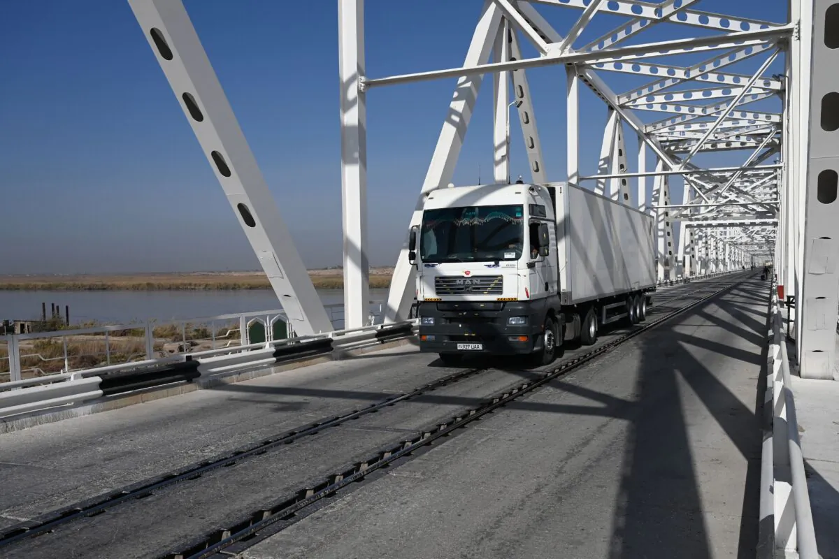 A truck arrives from Uzbekistan at the Afghanistan-Uzbekistan Friendship Bridge in Hairatan, Afghanistan on Oct. 27, 2021. (Wakil Kohsar/AFP via Getty Images)