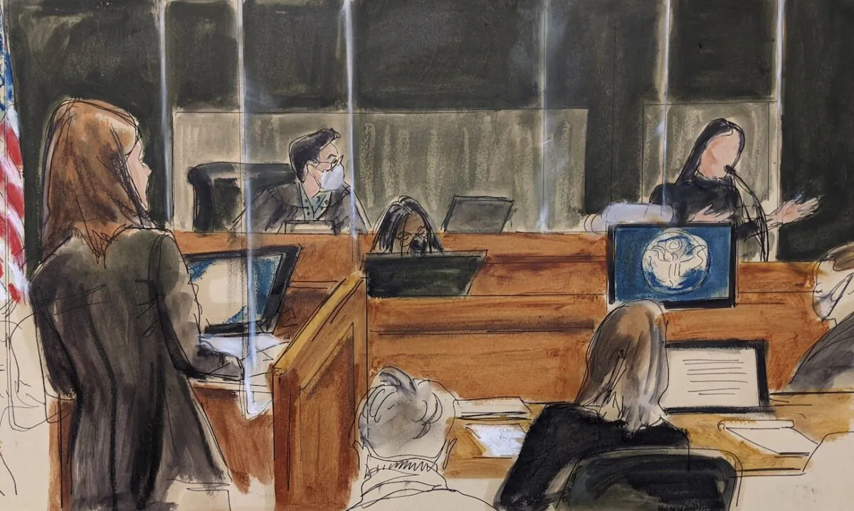 In this courtroom sketch, assistant U.S. attorney Alison Moe questions an unidentified victim about her experiences with Jeffrey Epstein and Ghislaine Maxwell, in New York on Nov. 30, 2021. (AP Photo/Elizabeth Williams)