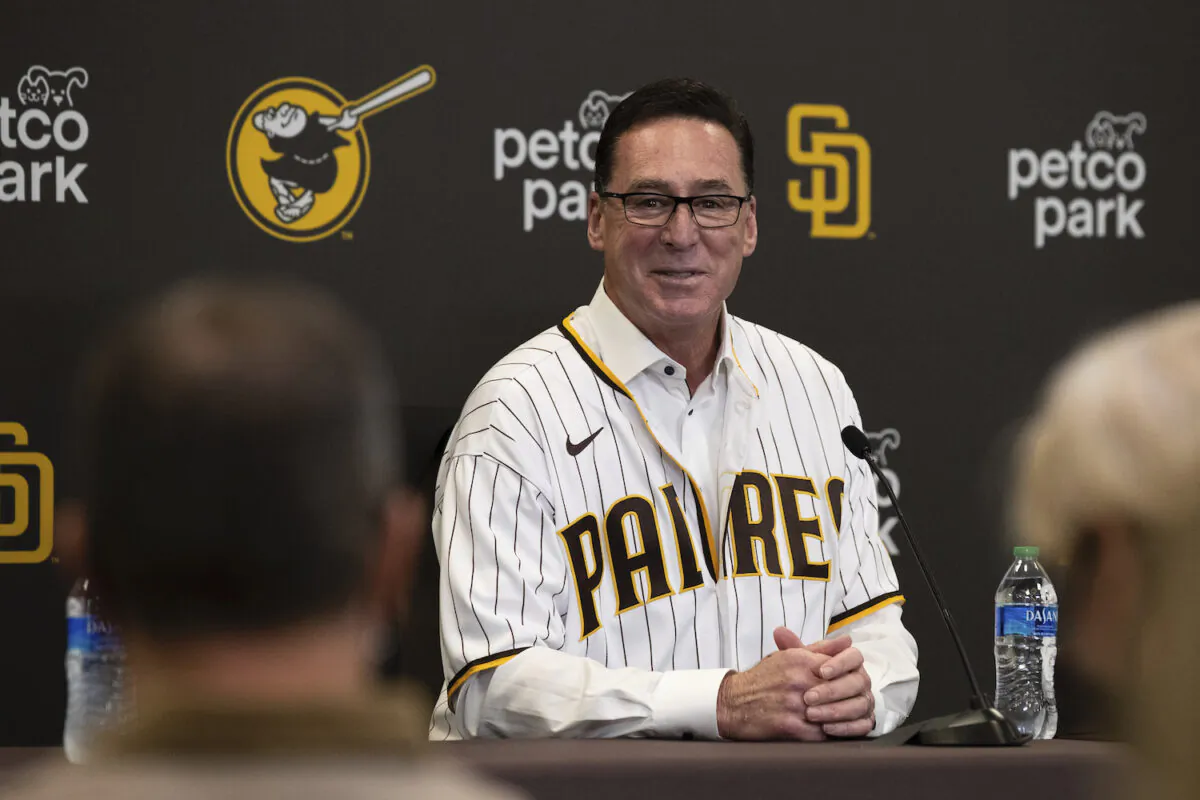 Then San Diego Padres baseball team manager Bob Melvin speaks during an introductory press conference in San Diego on Nov. 1, 2021. (AP Photo/Derrick Tuskan)