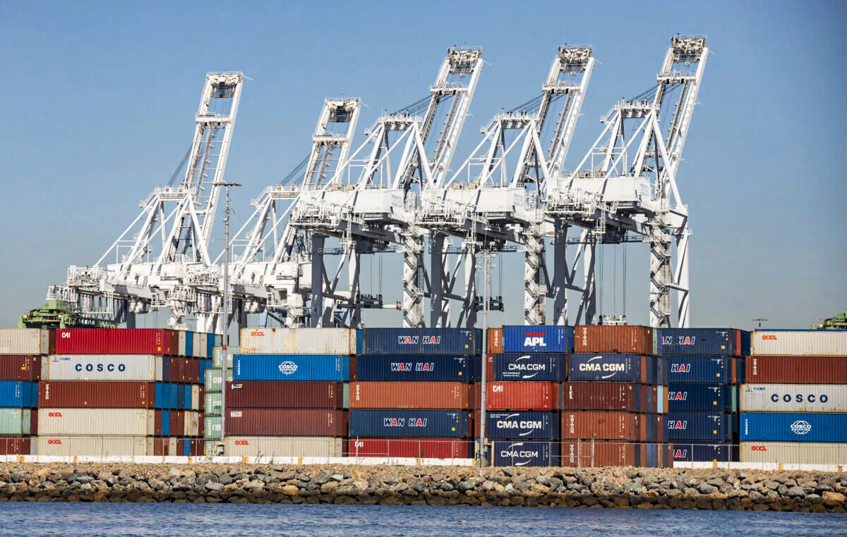 Cargo containers are stacked at the Port of Long Beach, Calif., on Oct. 27, 2021. (John Fredricks/The Epoch Times)