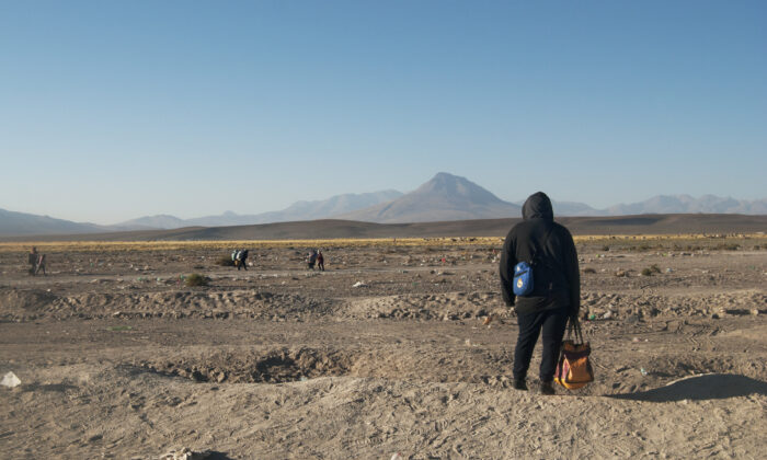 A migrant looks across the border into Chile on Oct. 26, 2021. (Cesar Calani Cosso/ Pezou)