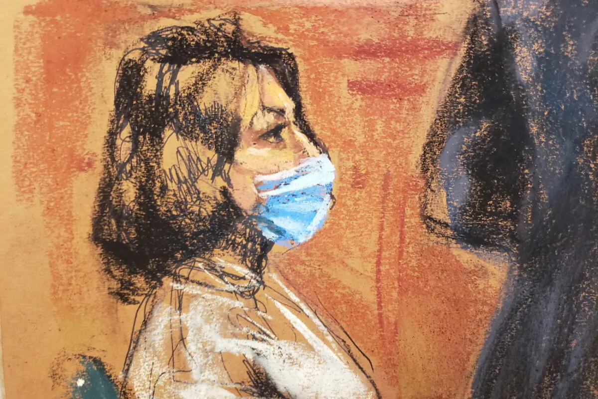 Ghislaine Maxwell, the Epstein associate accused of sex trafficking, watches as Lawrence Visoski, longtime pilot of the late Jeffrey Epstein, is cross examined during her trial in a courtroom sketch in New York City, on Nov. 30, 2021. (Jane Rosenberg/Reuters)