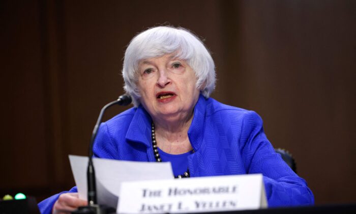 Treasury Secretary Janet Yellen speaks during a Senate Banking, Housing and Urban Affairs Committee hearing on the CARES Act, at the Hart Senate Office Building in Washington on Sept. 28, 2021. (Kevin Dietsch/Pool/AFP via Getty Images)