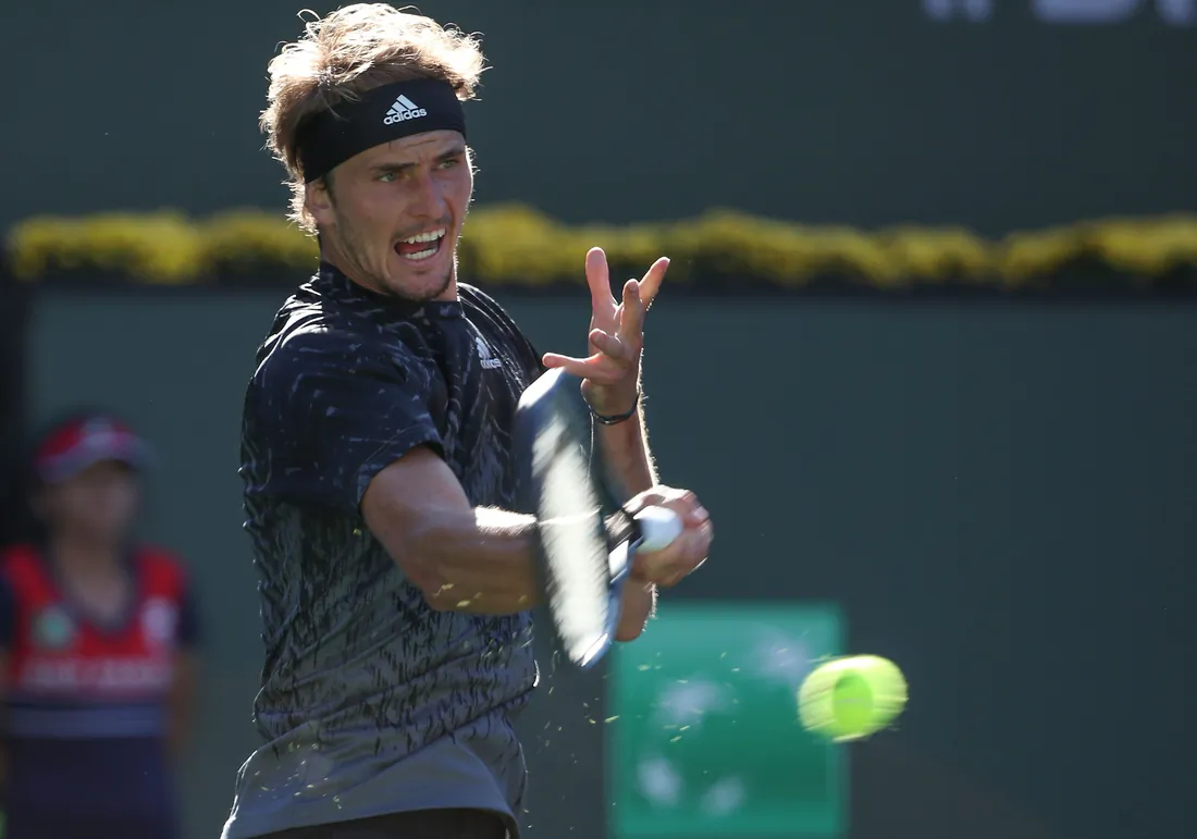 Alexander Zverev hits a shot against Taylor Fritz during their quarterfinal match at the BNP Paribas Open in Indian Wells, Calif., on Oct. 15, 2021. (Jay Calderon/The Desert Sun/USA Today Network via Field Level Media)