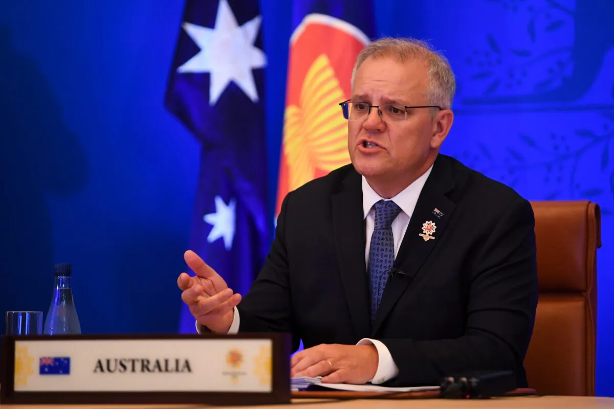 Australian Prime Minister Scott Morrison attends virtually during the first ASEAN-Australia Summit at Parliament House in Canberra, Australia on Oct. 27, 2021. (AAP Image/Lukas Coch) 