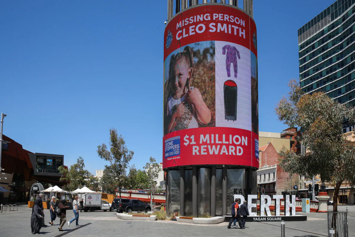 A sign offering a $1 million reward for information on missing girl Cleo Smith is displayed on a digital tower in Yagan Square in Perth, Australia, on Oct. 30, 2021. (AAP Image/Richard Wainwright) 