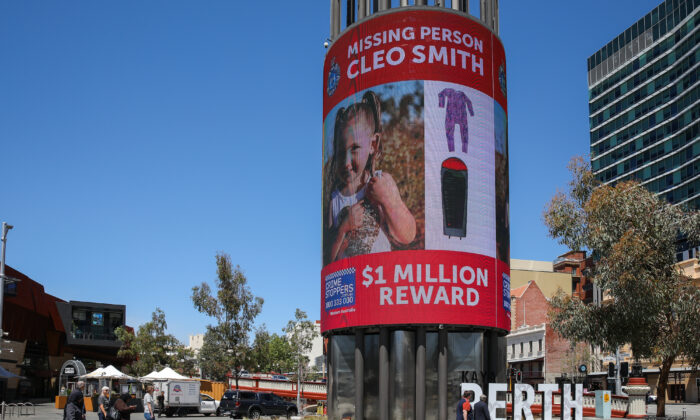 A motion   offering a $1 cardinal  reward for accusation  connected  missing miss  Cleo Smith is displayed connected  a integer  operation    successful  Yagan Square successful  Perth, Australia, connected  Oct. 30, 2021. (Richard Wainwright/AAP image) 
