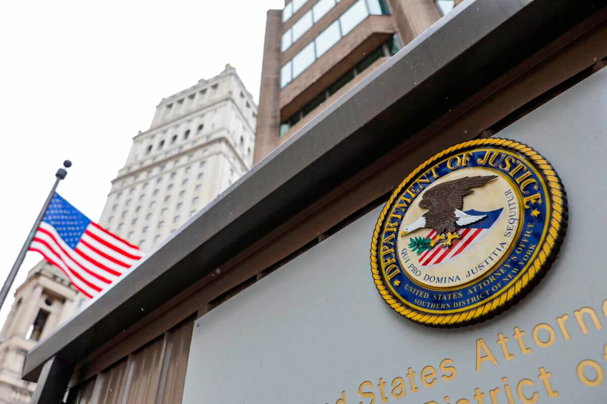 The seal of the United States Department of Justice is seen on the building exterior of the United States Attorney's Office of the Southern District of New York in Manhattan, N.Y., on Aug. 17, 2020. (Andrew Kelly/Reuters)