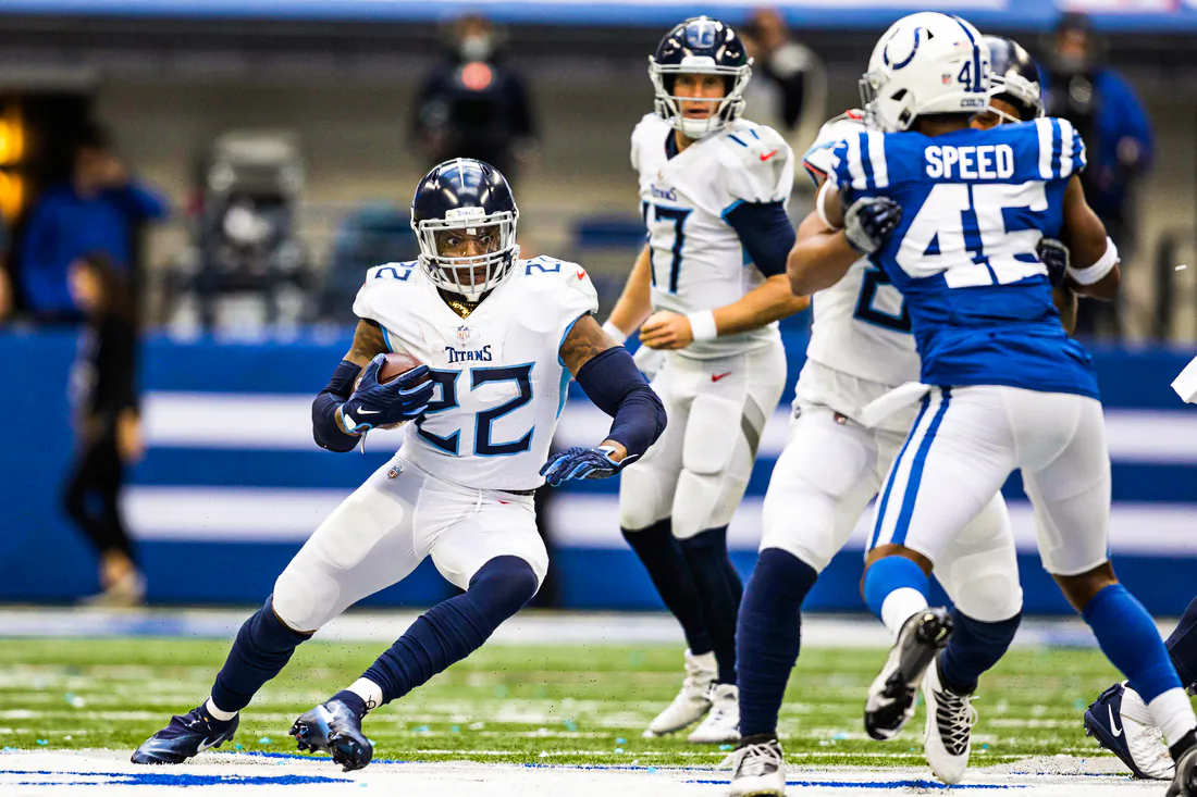 Tennessee Titans running back Derrick Henry (22) runs the ball in the second half against the Indianapolis Colts at Lucas Oil Stadium in Indianapolis, Ind. on Oct 31, 2021. (Trevor Ruszkowski/USA TODAY Sports via Field Level Media)