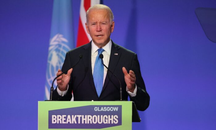 U.S. President Joe Biden speaks during the World Leaders' Summit "Accelerating Clean Technology Innovation and Deployment" session at the COP26 Climate Conference at the Scottish Event Campus in Glasgow, Scotland, on Nov. 2, 2021. (Steve Reigate/AFP via Getty Images)