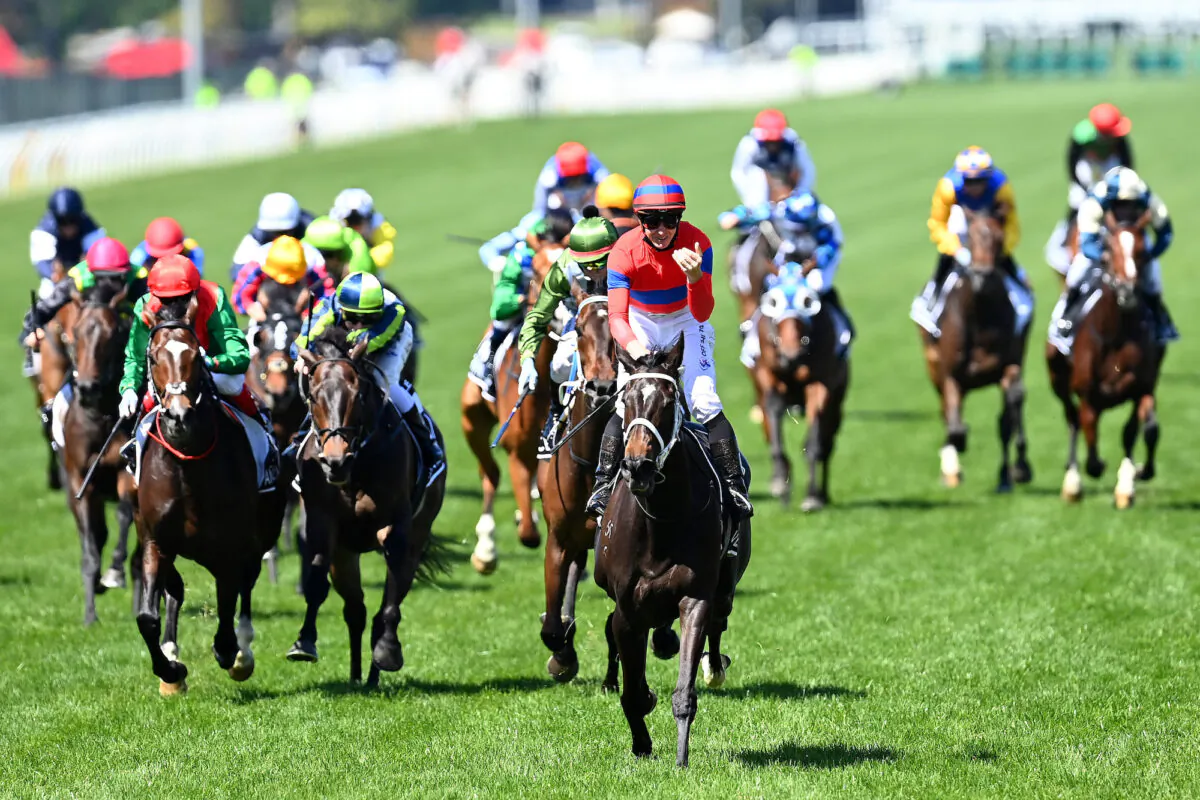 James Mcdonald riding #4 Verry Elleegant wins race 7, the Lexus Melbourne Cup during 2021 Melbourne Cup Day at Flemington Racecourse in Melbourne, Australia, on Nov. 2, 2021 . (Quinn Rooney/Getty Images)