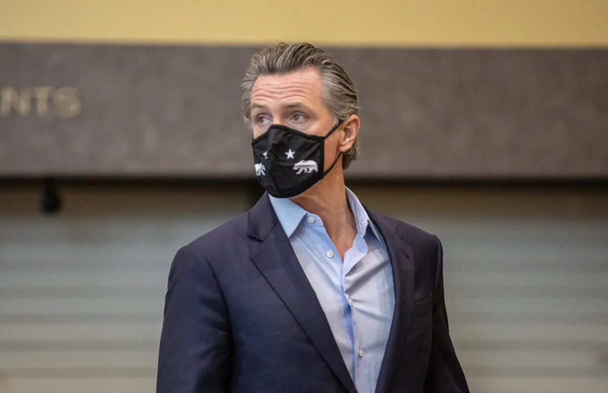 California Gov. Gavin Newsom speaks at California State University Long Beach, on March 3, 2021. (John Fredicks/The Epoch Times)